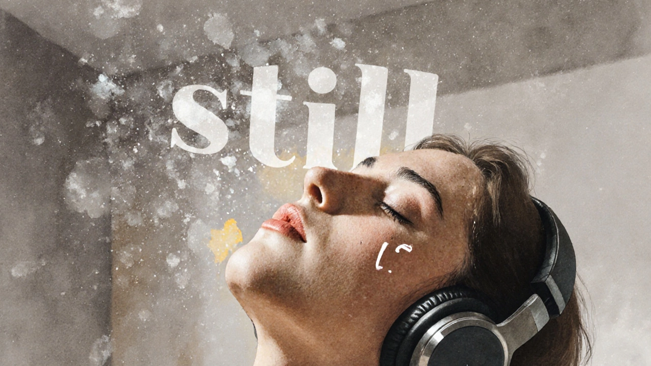 A listener overwhelmed by the whispered word 'still' as echoes fade around them.