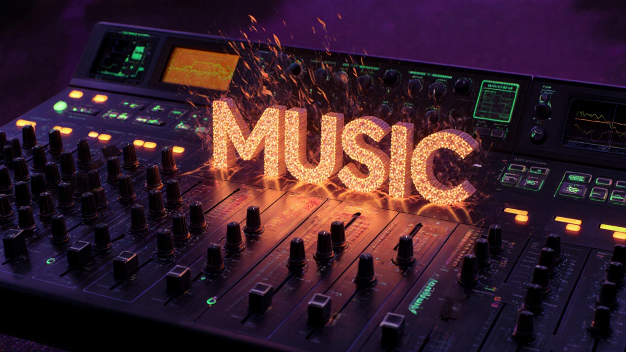 A mixing board with sound waves pulsing around the word 'music' during a beat drop.