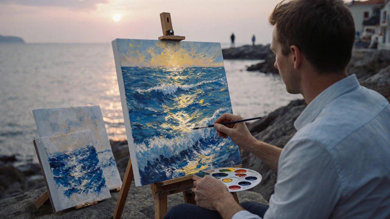 A painter capturing a coastal sunset with rapid, expressive oil strokes in plein air.