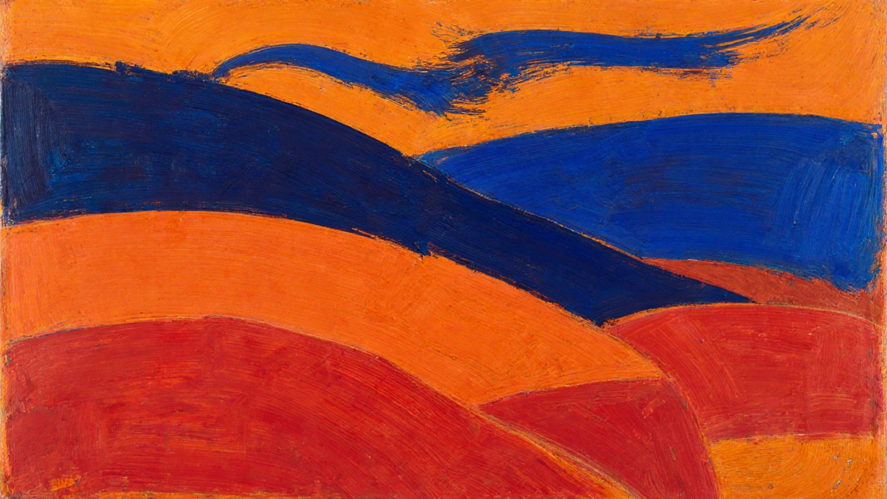 Abstract landscape of bold colors and geometric forms evoking desert hills.