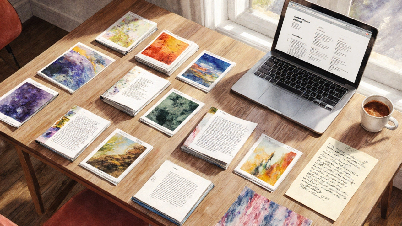 Artist&#039;s studio table displaying a curated portfolio of prints, laptop screen showing a PDF, and handwritten statement.