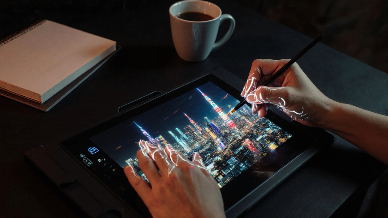 Artist painting over an AI-generated cityscape with neon reflections on their hands.