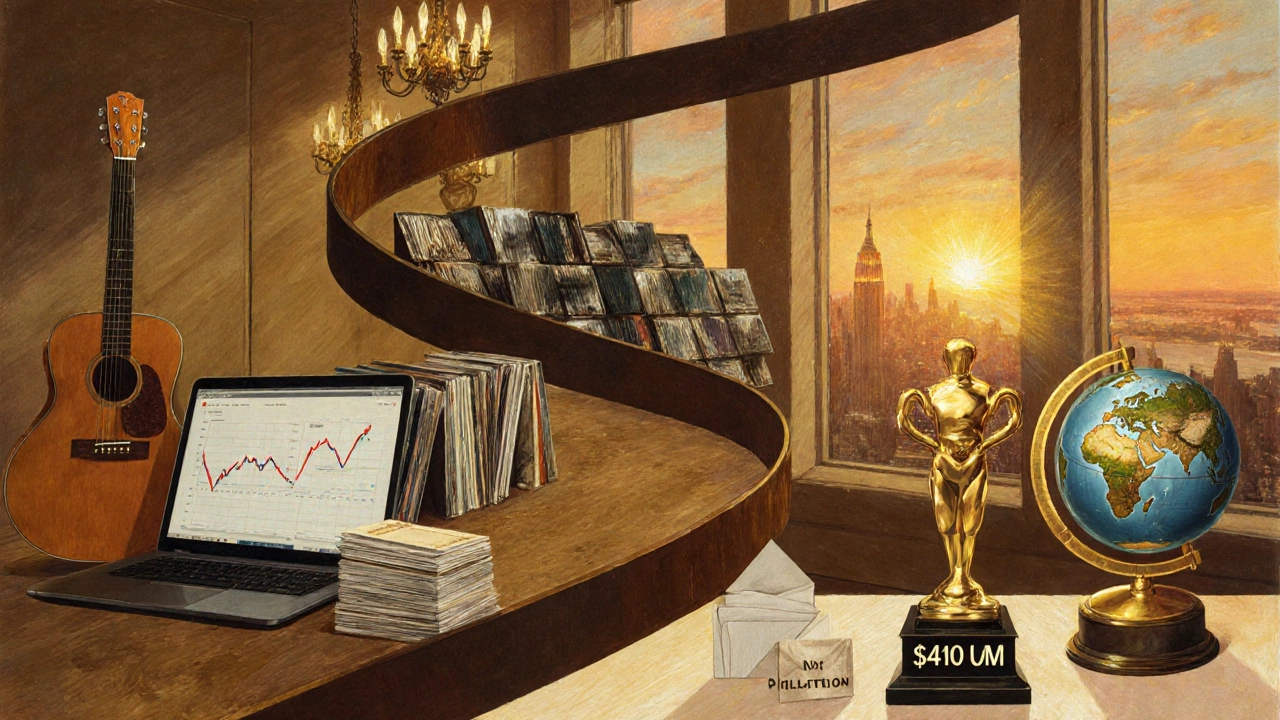 Artistic timeline showing guitars, a penthouse, stock charts, charity, and a golden trophy.