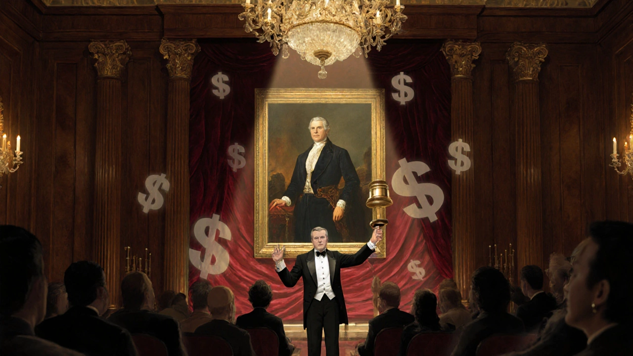 Auction house scene featuring a spotlighted oil portrait and auctioneer.