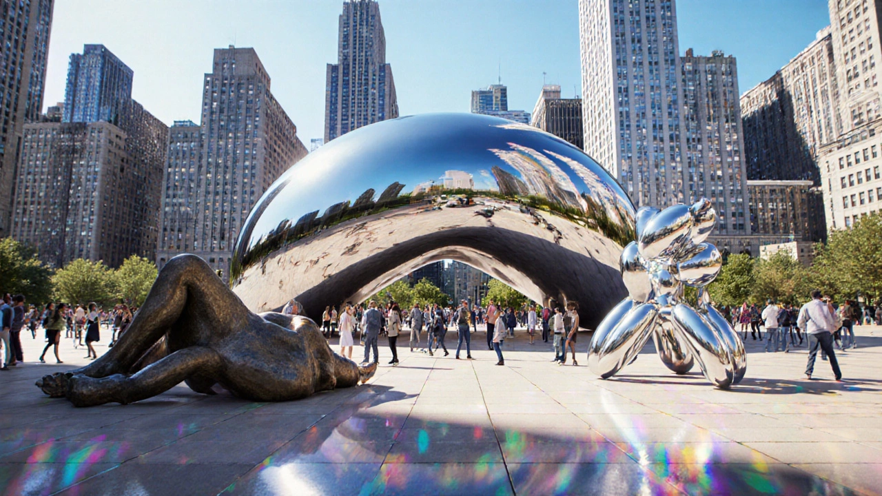 City plaza with modern sculptures by Moore, Kapoor, Koons, and Calder and visitors.