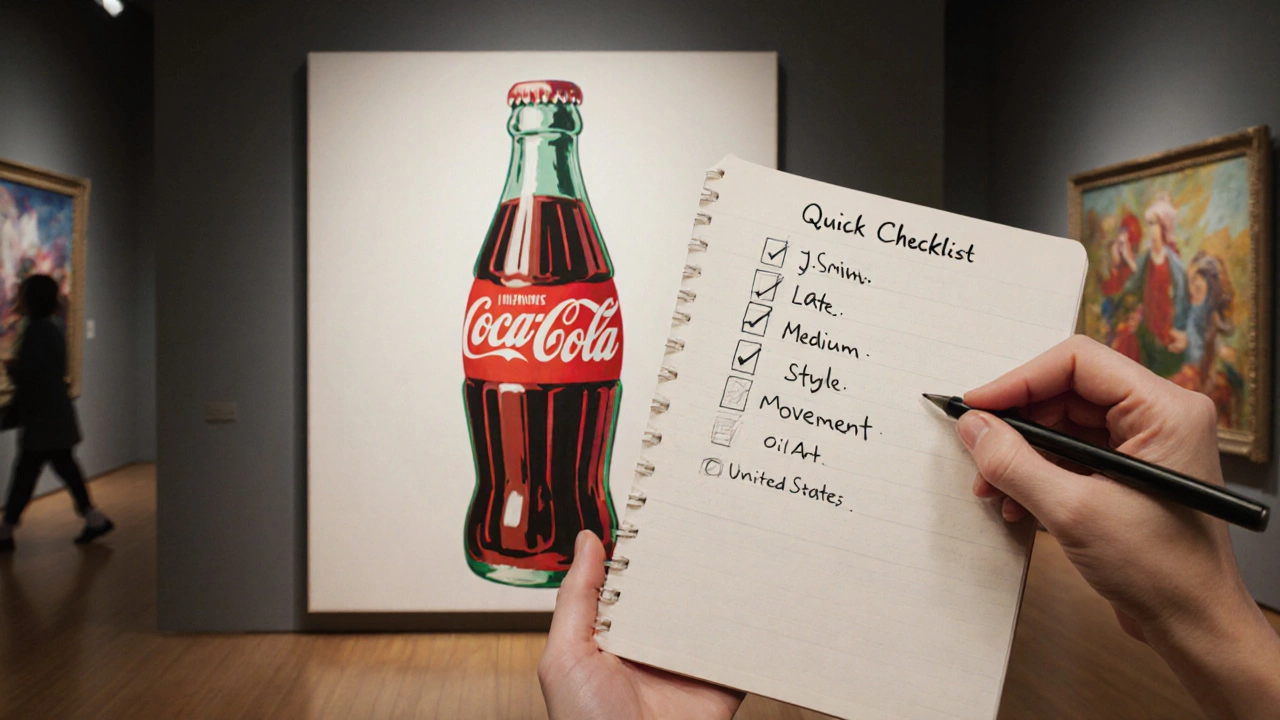 Close‑up of a Pop Art canvas with a checklist notebook labeling it as Late Modern Pop Art oil painting.