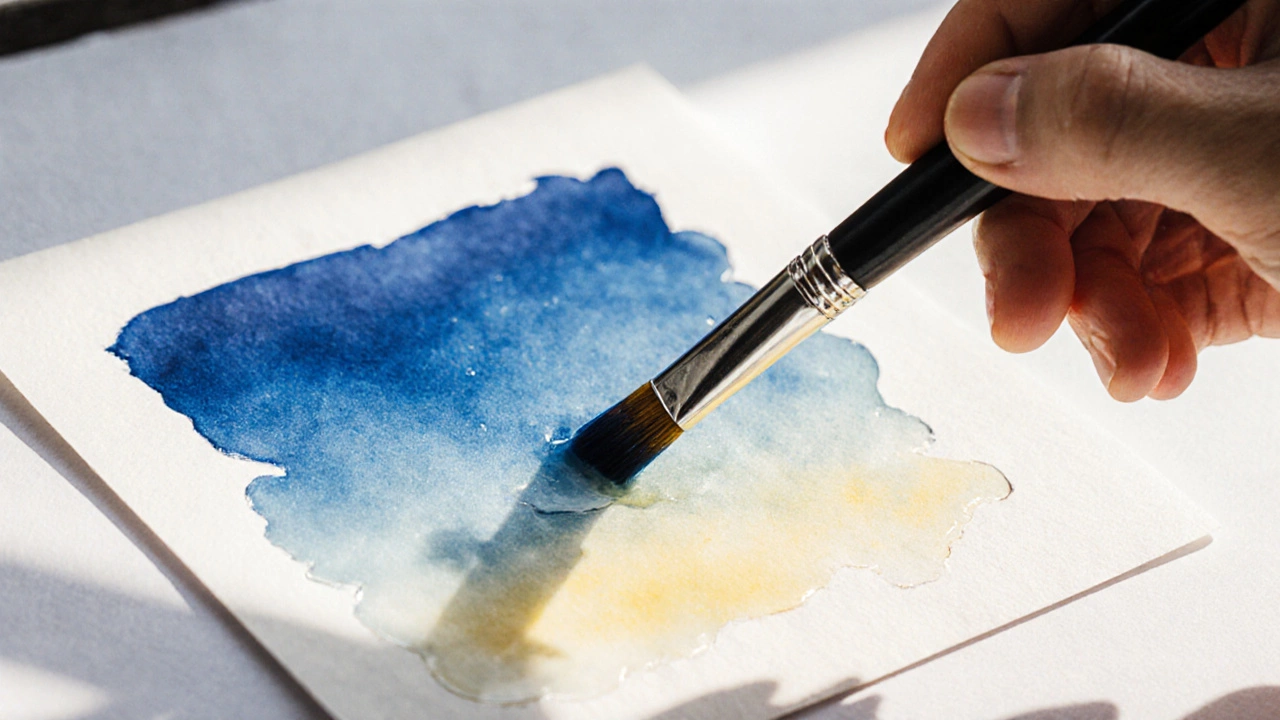 Close-up of a wet‑on‑wet sky wash spreading on watercolor paper.