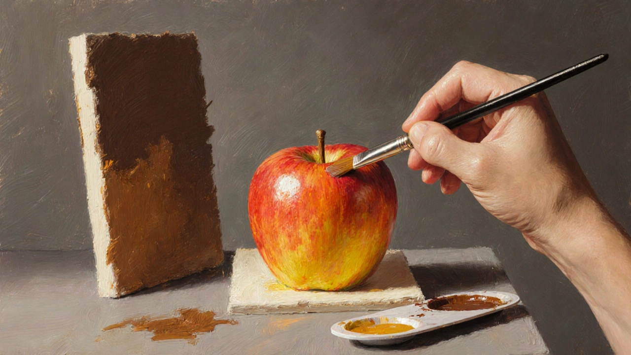 Close‑up of hand painting an apple: underpainting, orange base, and umber glaze visible.