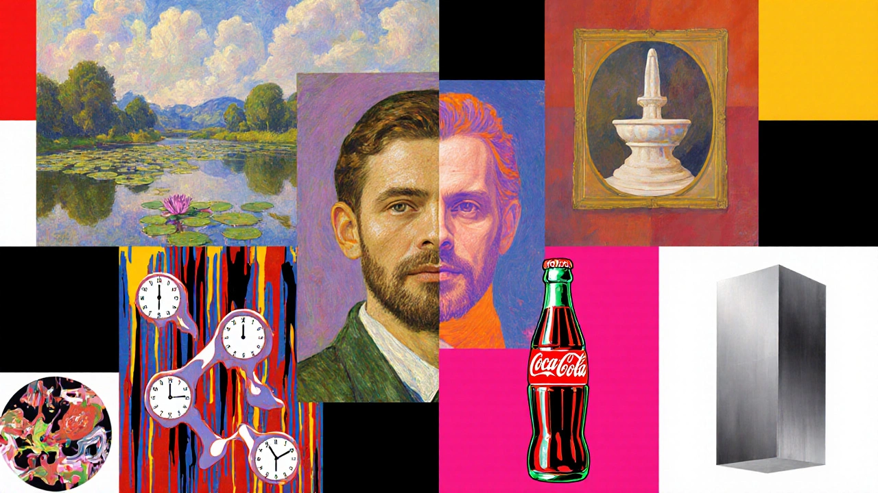 Collage illustrating Impressionism, Fauvism, Cubism, Dada, Surrealism, Abstract Expressionism, Pop Art, and Minimalism.