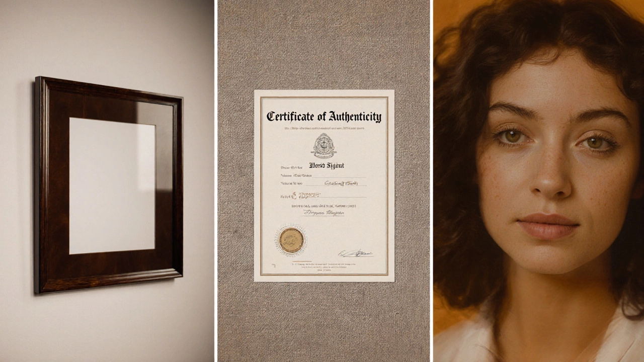 Collage of framed digital print, signed certificate, and creation timelapse.