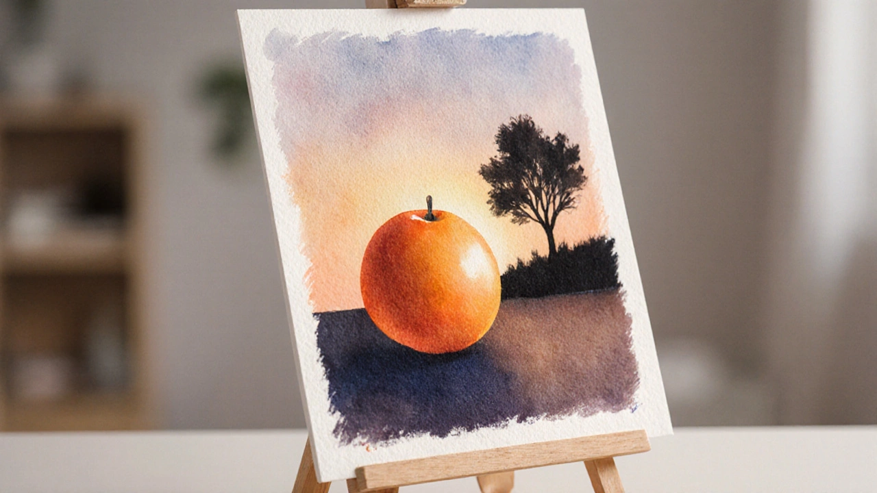 Completed simple watercolor painting of an orange fruit, sky and tree silhouette.