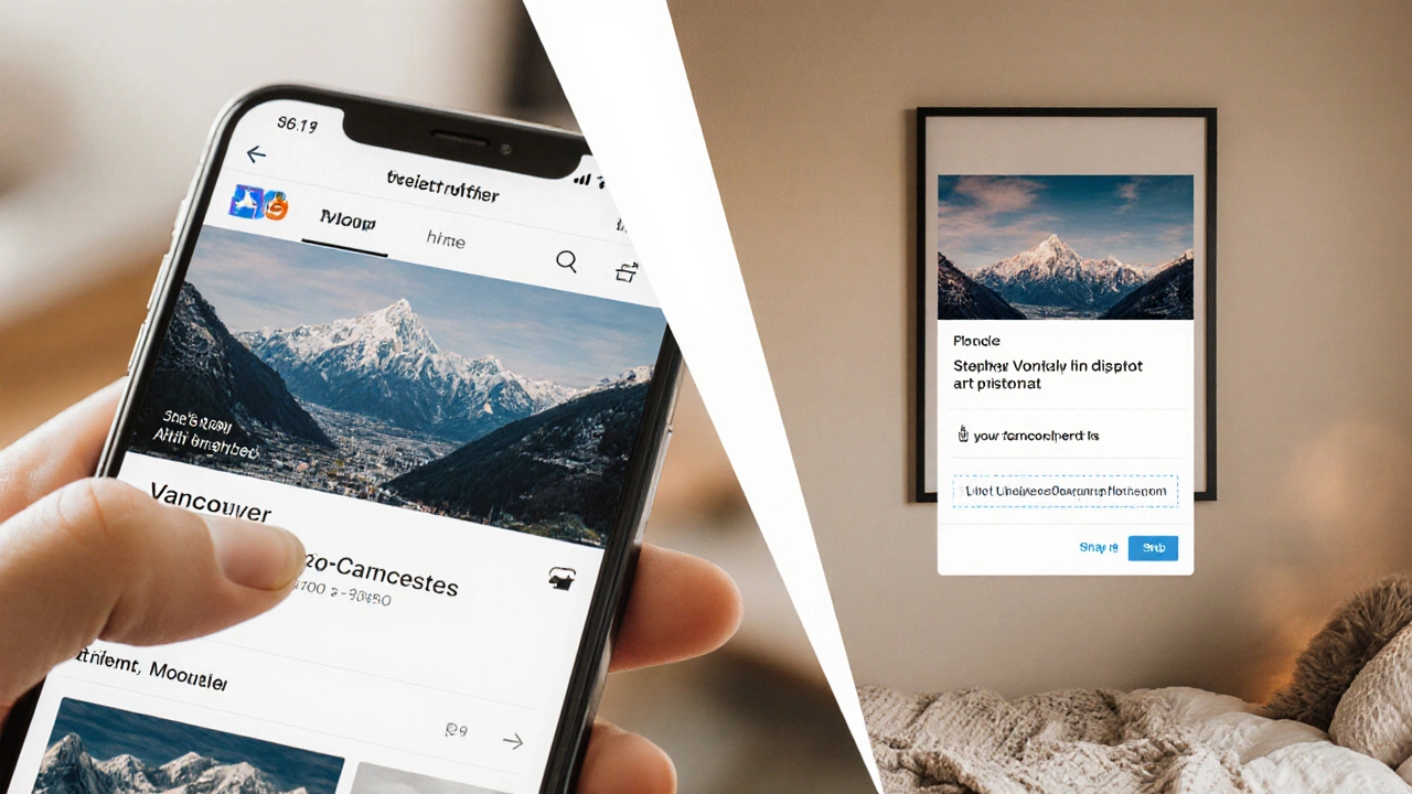 Customer downloading a digital mountain print on phone, same art hanging on bedroom wall.