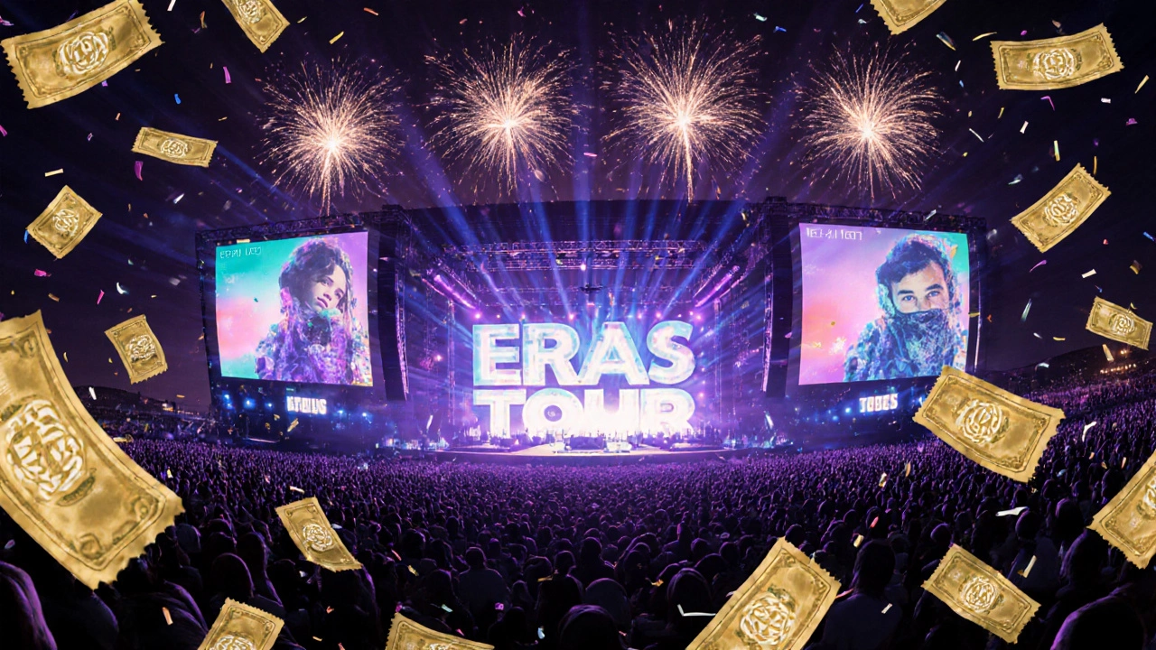 Eras Tour stage at night with fireworks, crowds, and swirling ticket and cash visuals.