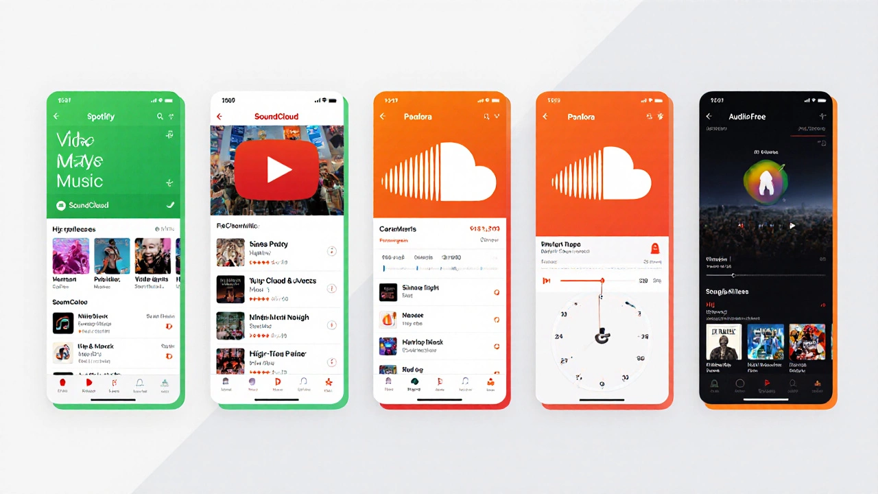 Five-panel illustration comparing Spotify, YouTube Music, SoundCloud, Pandora, and Audiomack free features.