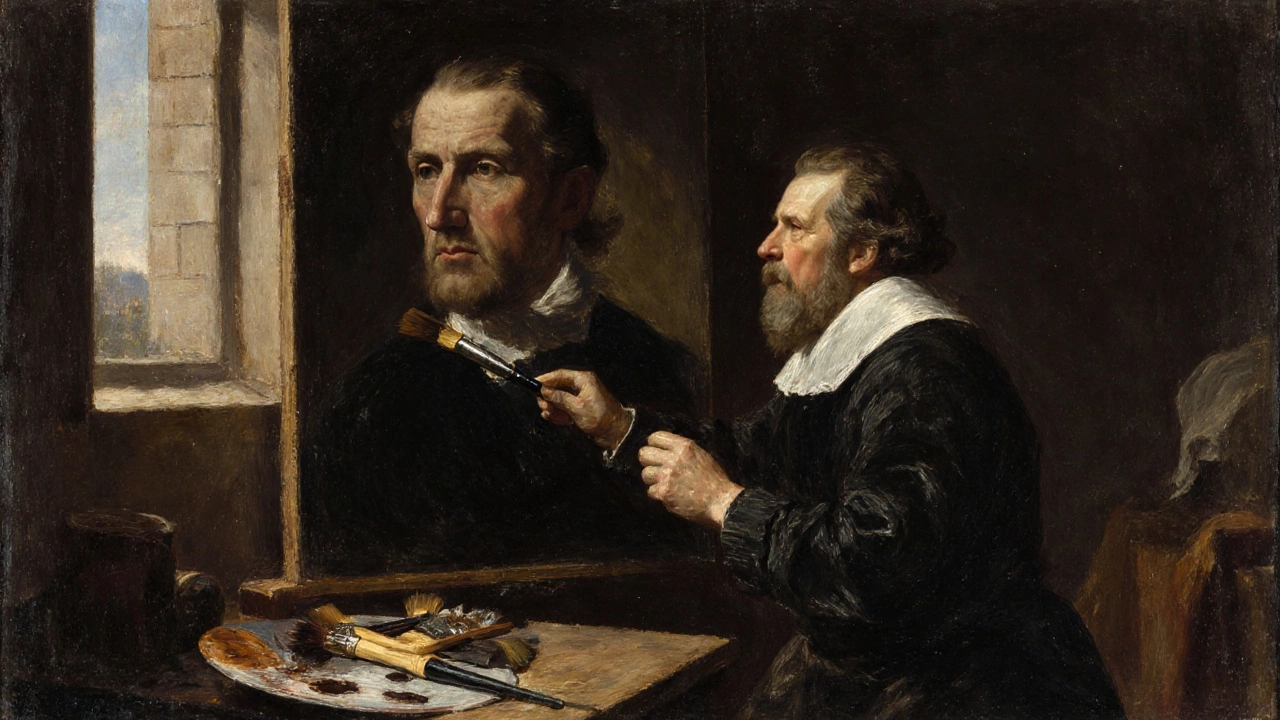 Frans Hals painting a portrait with thick, swift oil strokes in a 17th-century Dutch studio.