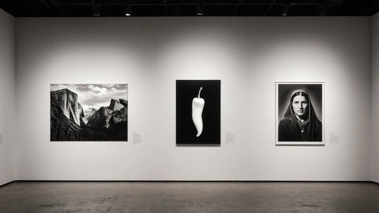 Gallery wall displaying iconic fine‑art prints by Adams, Weston, and Lange.