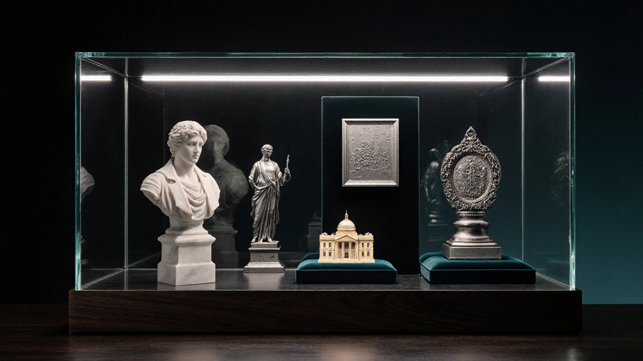 Glass case with LED lighting containing bust, statuette, ivory miniature, metal relief, and polymer model.