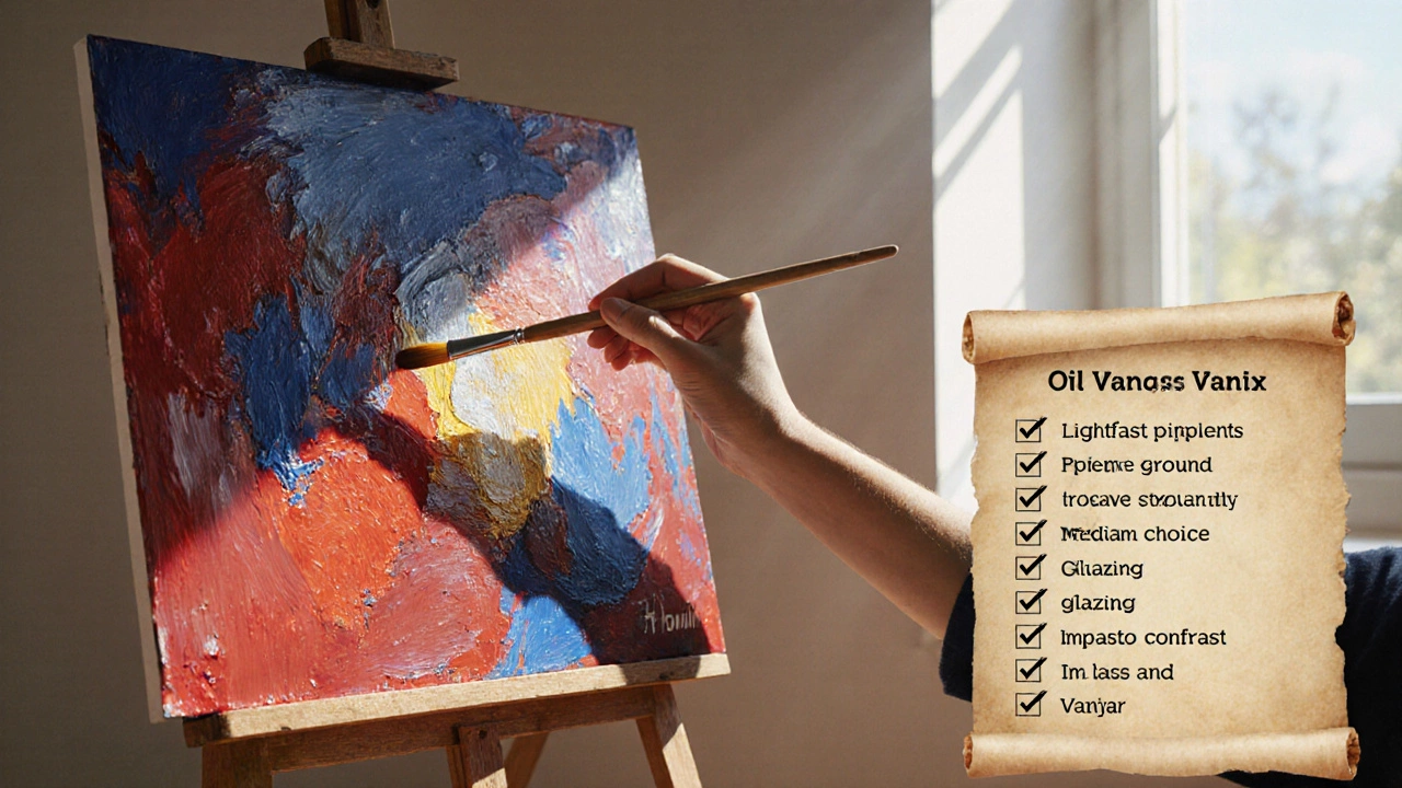 Hand applying UV‑resistant varnish to a vibrant oil painting, with a checklist beside it.