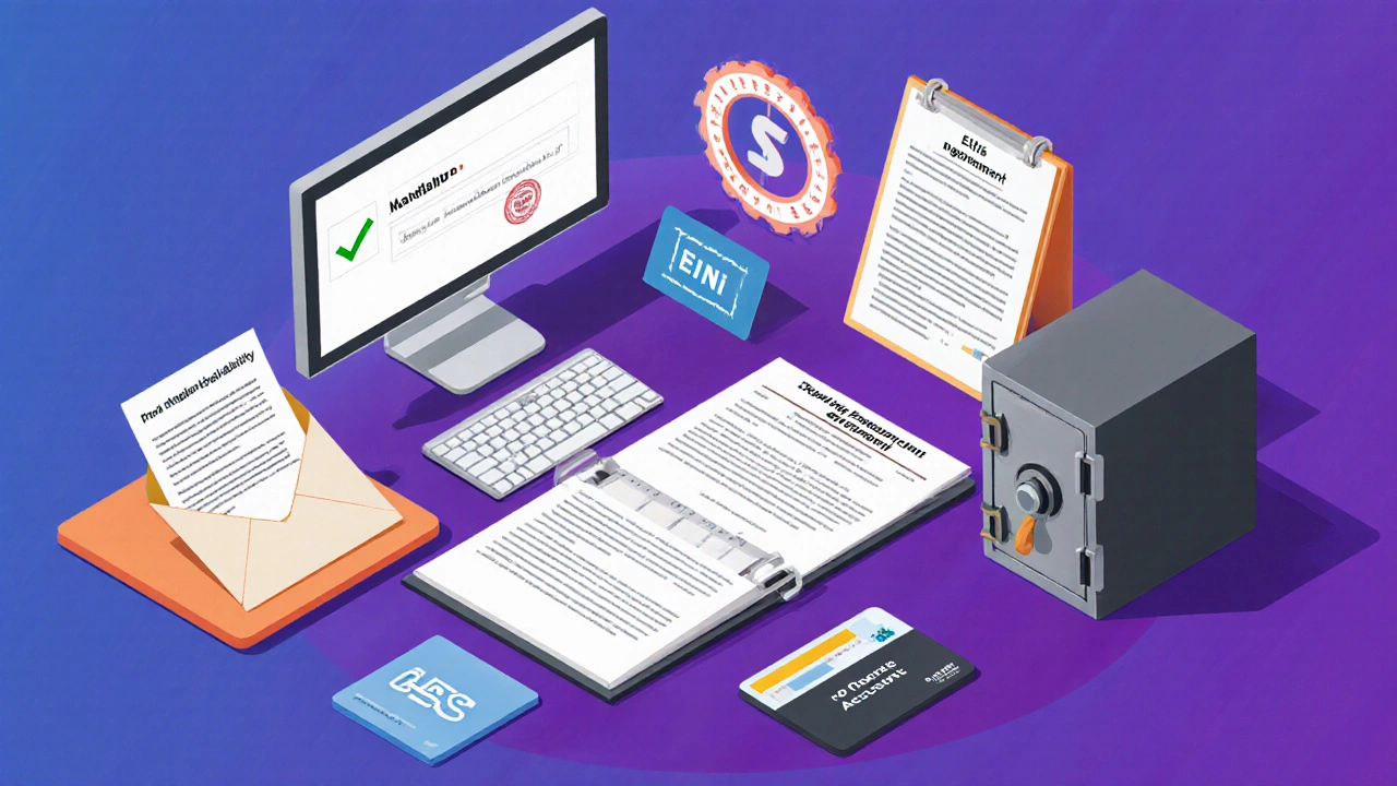 Isometric desk with items representing each step to form an LLC.