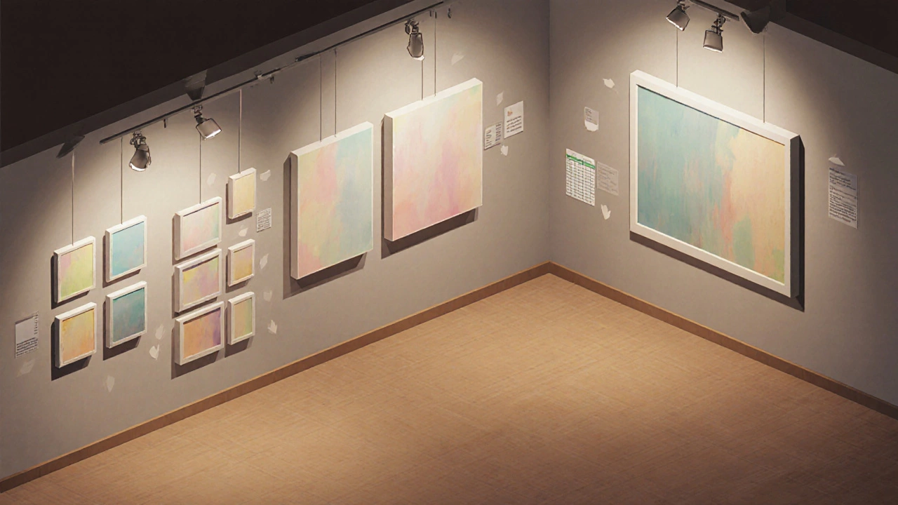 Isometric view of gallery wall showing small, medium, and large paintings with spacing.