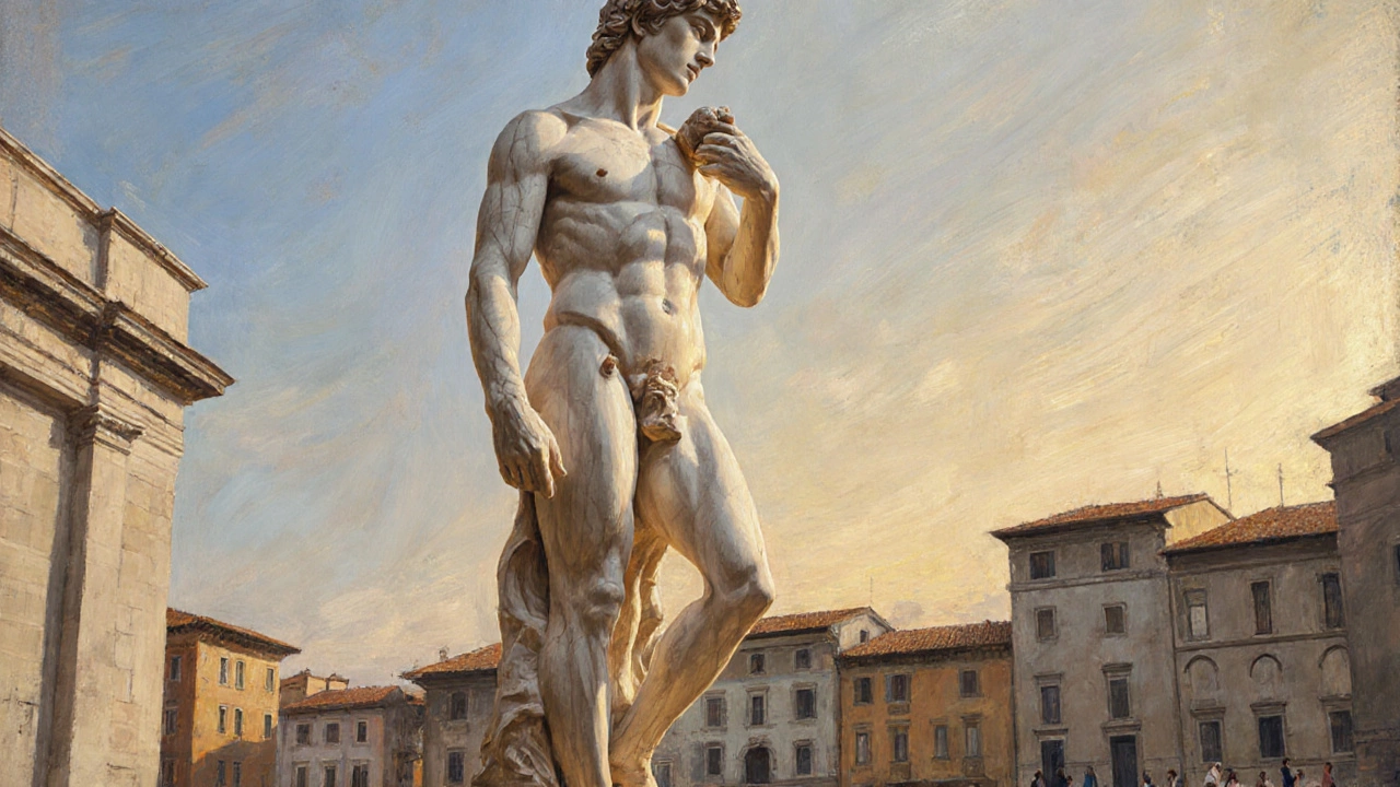 Michelangelo&#039;s marble David illuminated by sunrise in Florence&#039;s square.