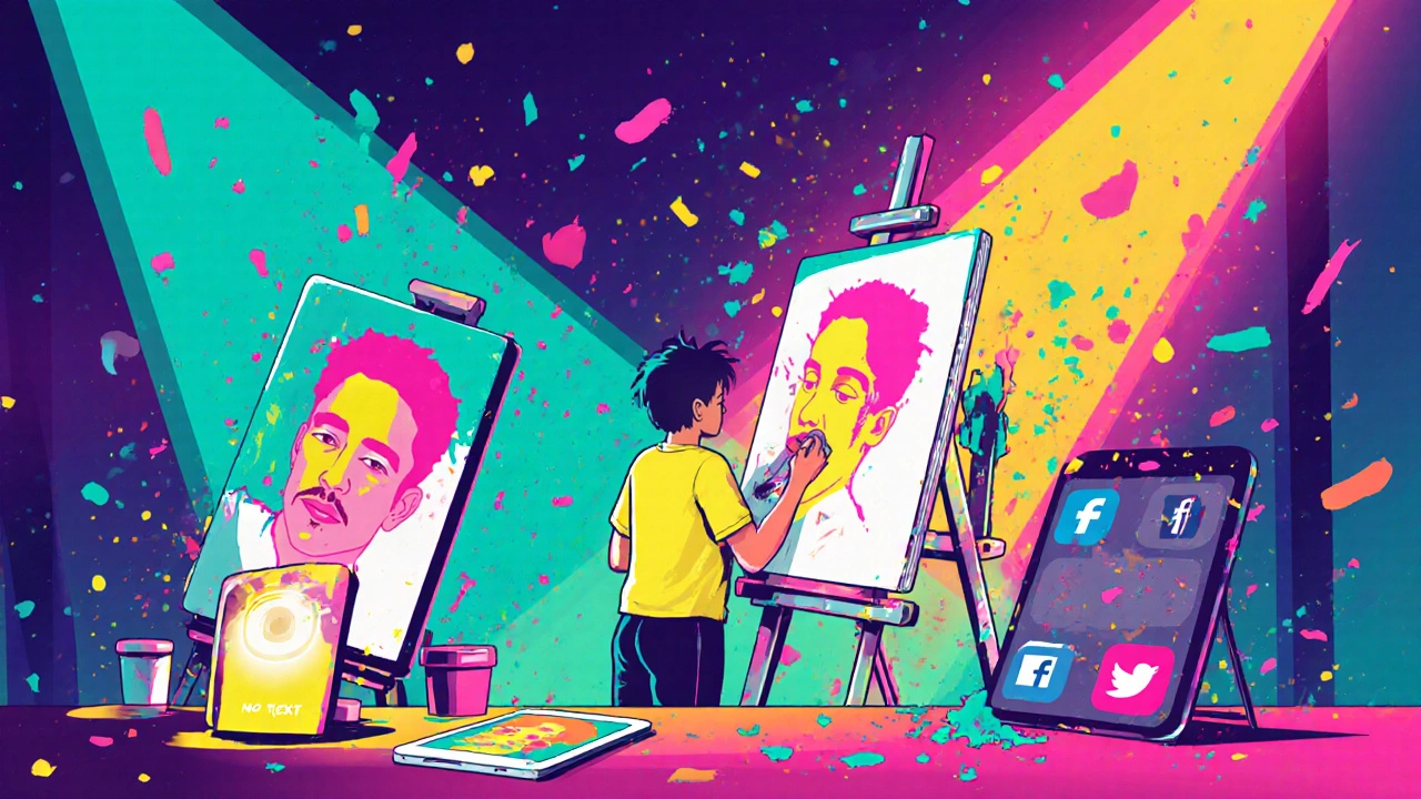 Modern artist painting a bold portrait in a studio with digital devices nearby.