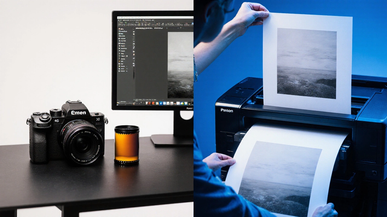 Modern photographer&#039;s workspace with camera, film, monitor, and large archival print.