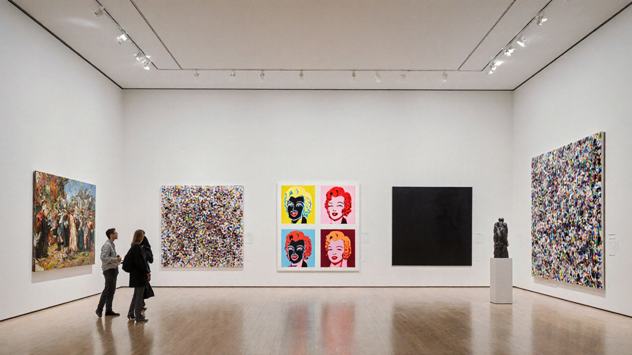 Museum gallery displaying iconic works by Picasso, Pollock, Warhol, Rothko, O'Keeffe, Malevich, and Basquiat.