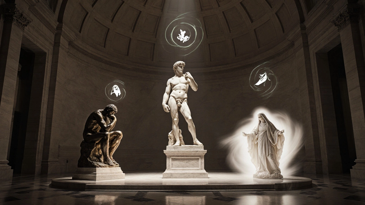 Museum hall with David, The Thinker, and Ecstasy of Saint Teresa on lit podiums and ranking icons above.