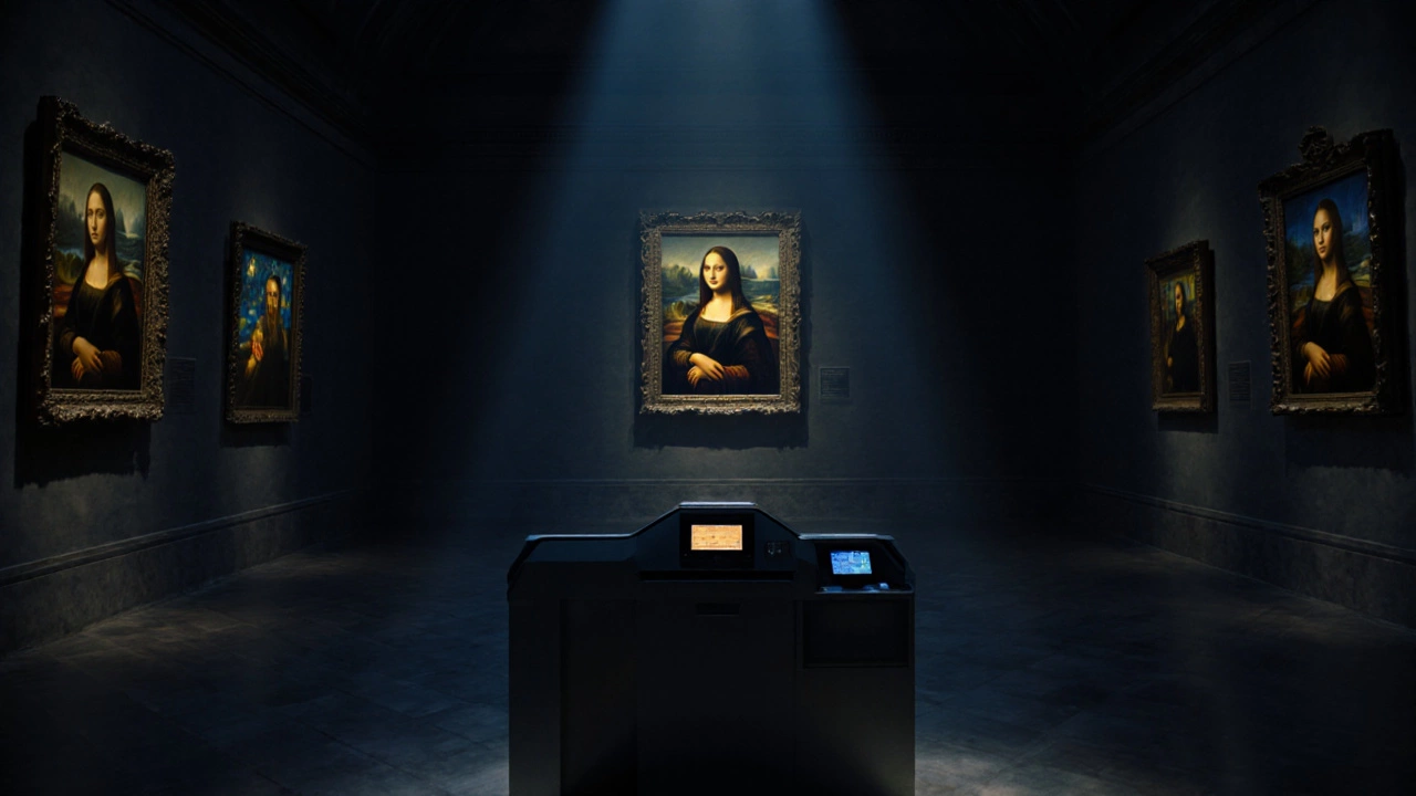 Nighttime Louvre hall with Mona Lisa highlighted by a golden spotlight.