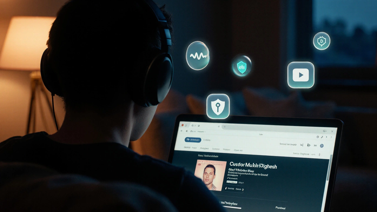 Person listening on laptop in a dim living room, surrounded by icons for playlists, data‑saving, privacy and fading ads.