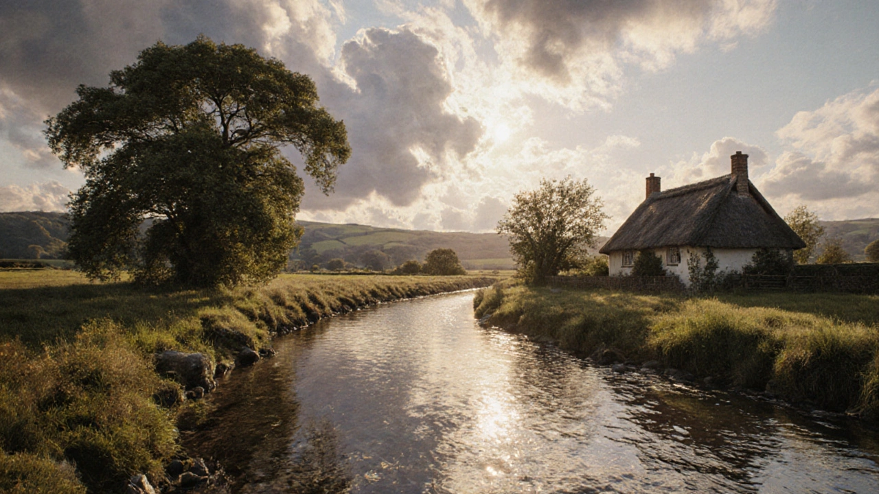 Realistic countryside scene with river, detailed trees, and dramatic clouds at golden hour.