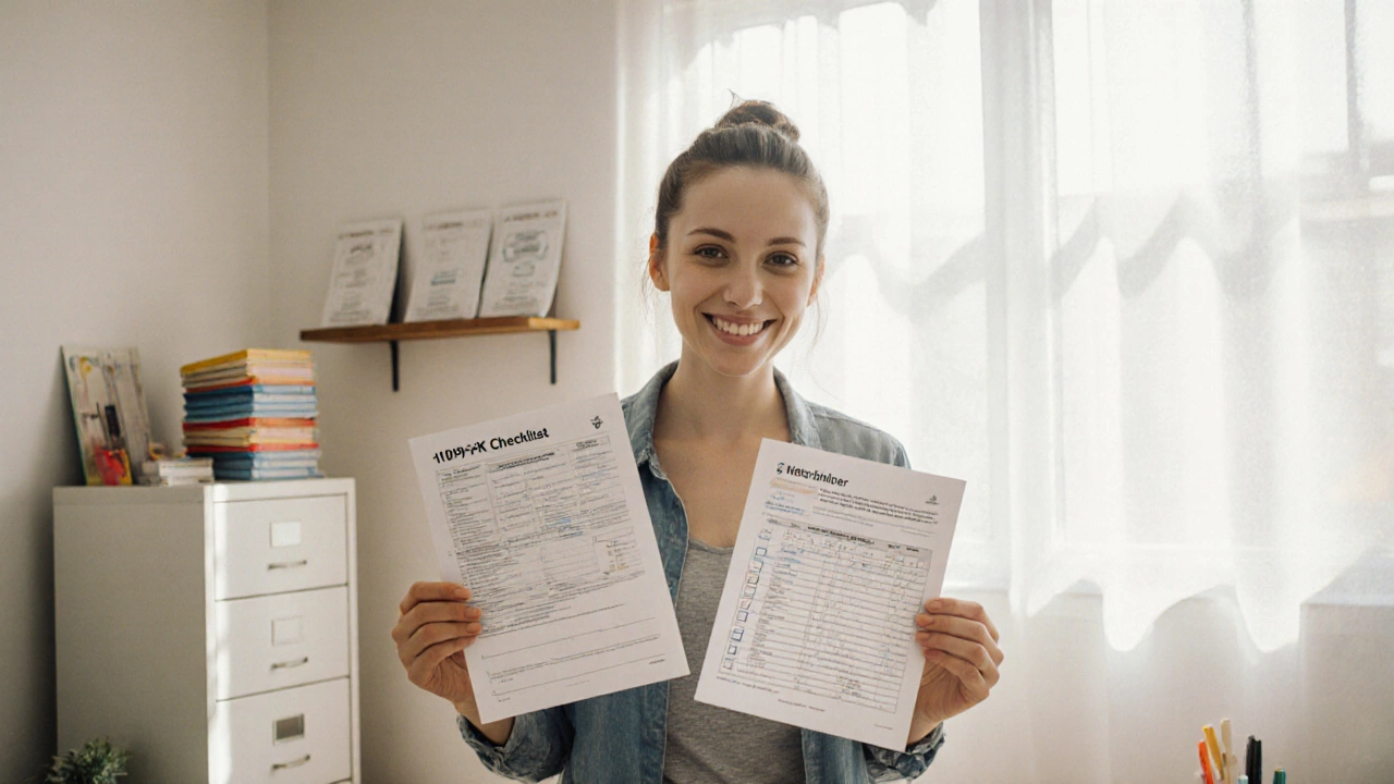 Seller holding a 1099‑K form, checking off a compliance list in a bright office.