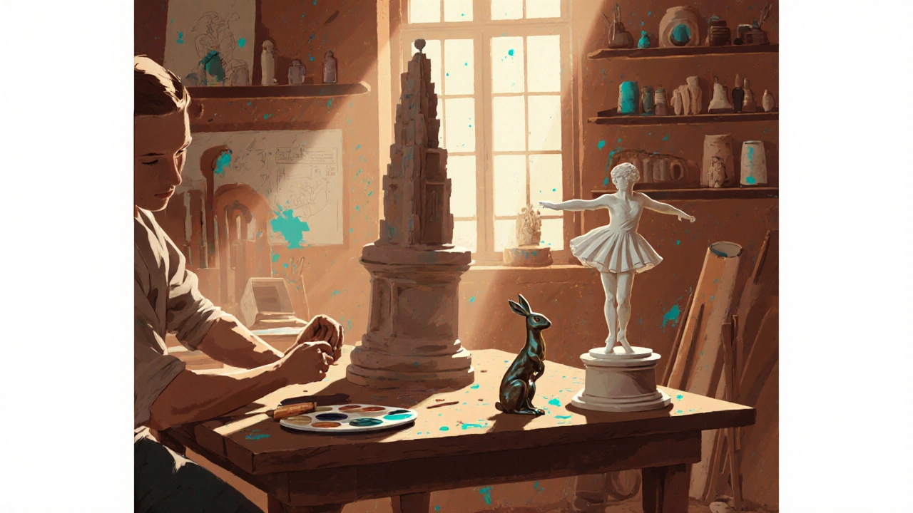 Studio bench with sculptor shaping a clay maquette beside bronze and porcelain figurines and a resin miniature.