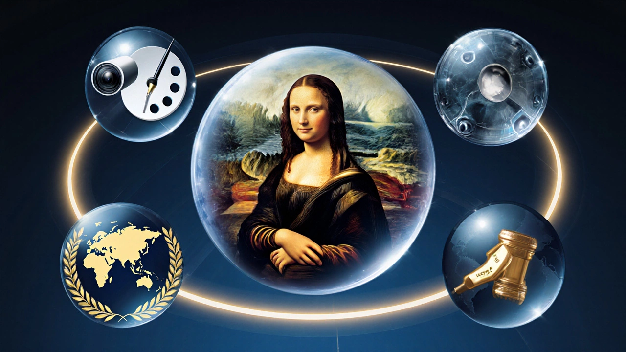 Stylized Mona Lisa surrounded by icons for cost, security, culture, and market.