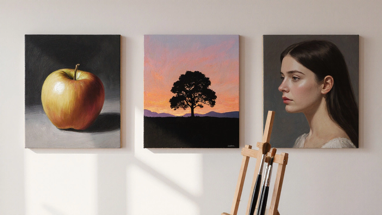 Three finished beginner oil paintings: apple, sunset landscape silhouette, and side‑profile portrait on a wall.