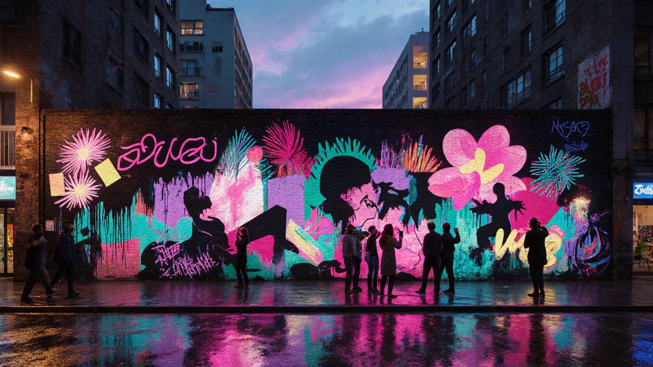 Urban mural at dusk combining visual elements of famous modern artists in a neon‑lit street scene.