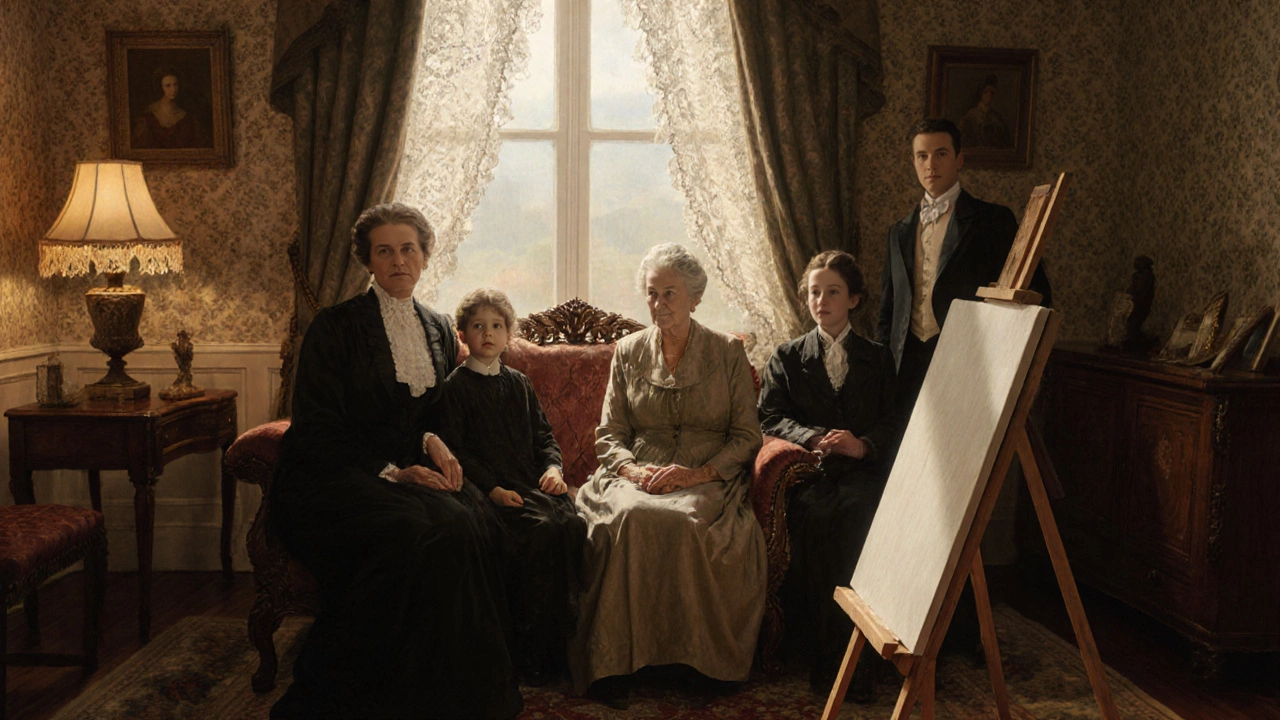 Victorian family gathered for a portrait in a warmly lit parlor.