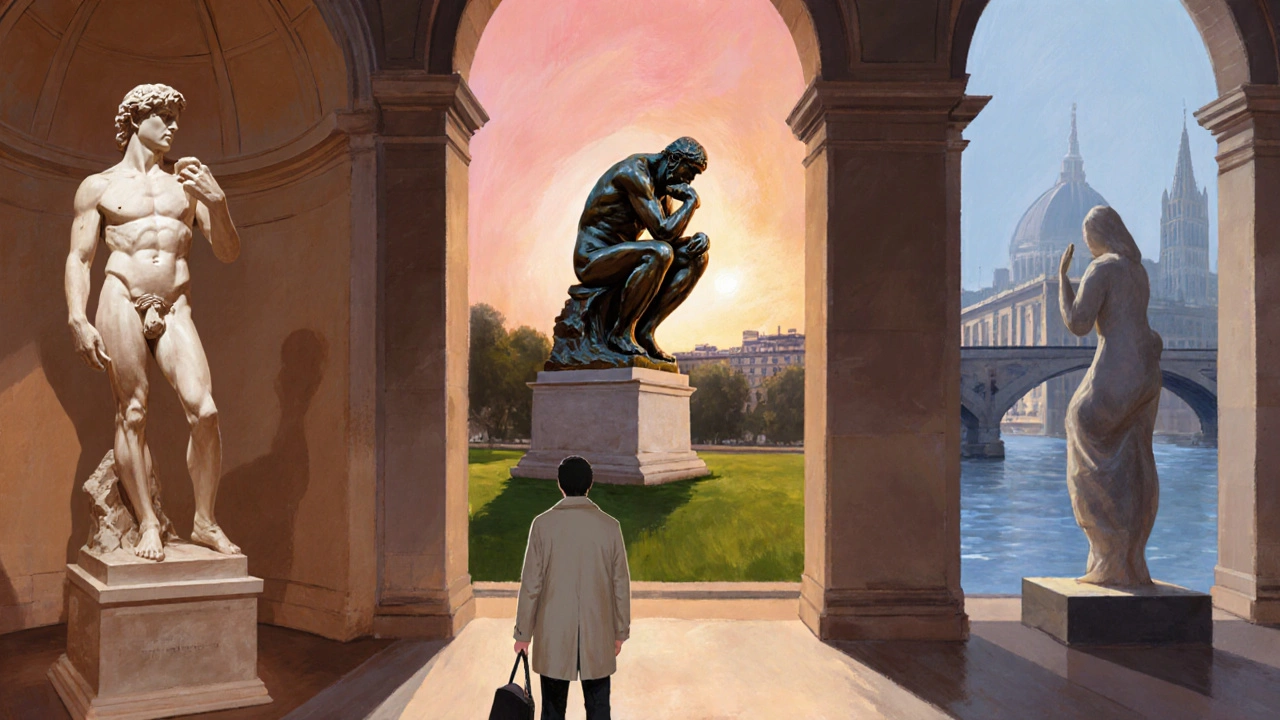 Visitor views David in Florence, The Thinker in Paris, and Moore and Hepworth works at Tate Modern.