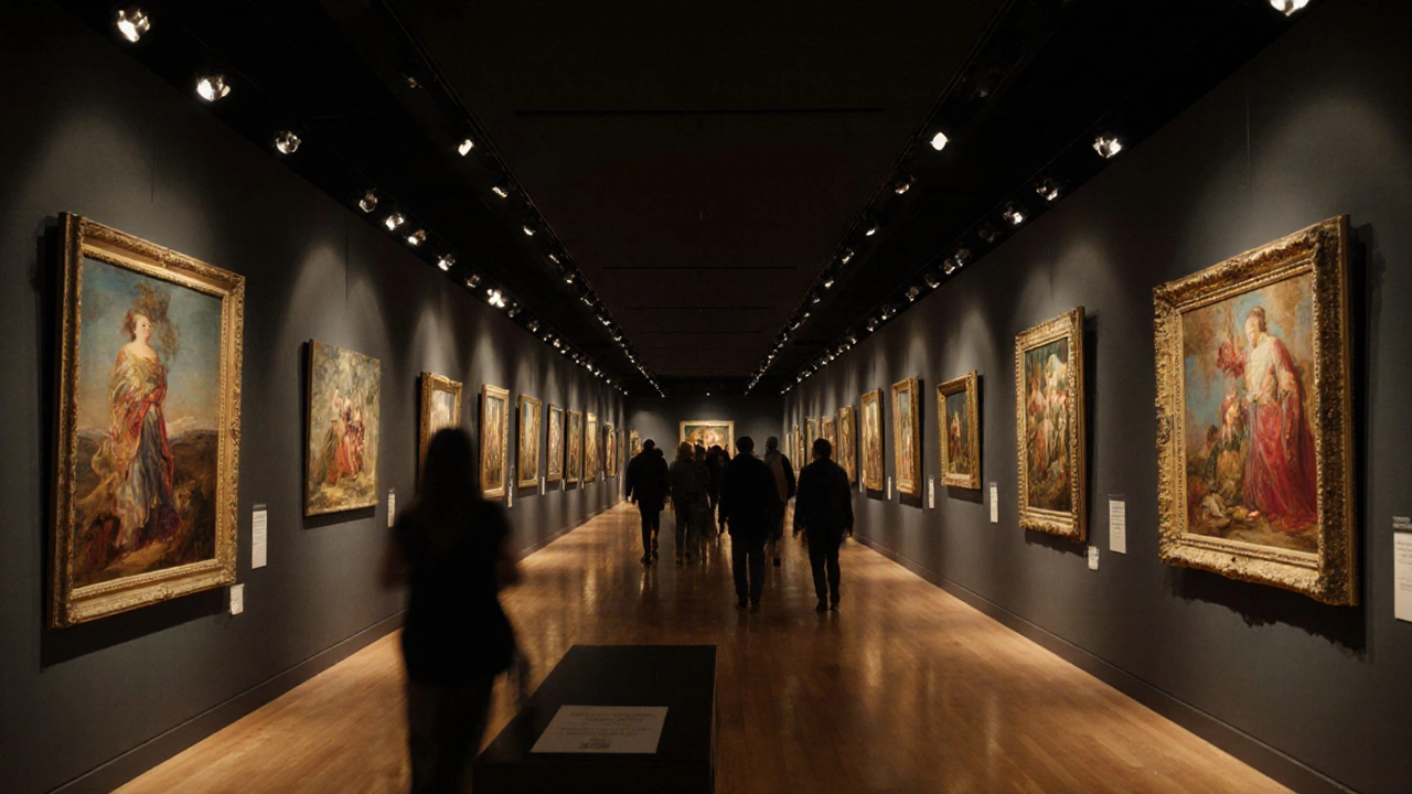 Wide‑angle photo of a twilight exhibition hall with spotlit paintings and visitors.