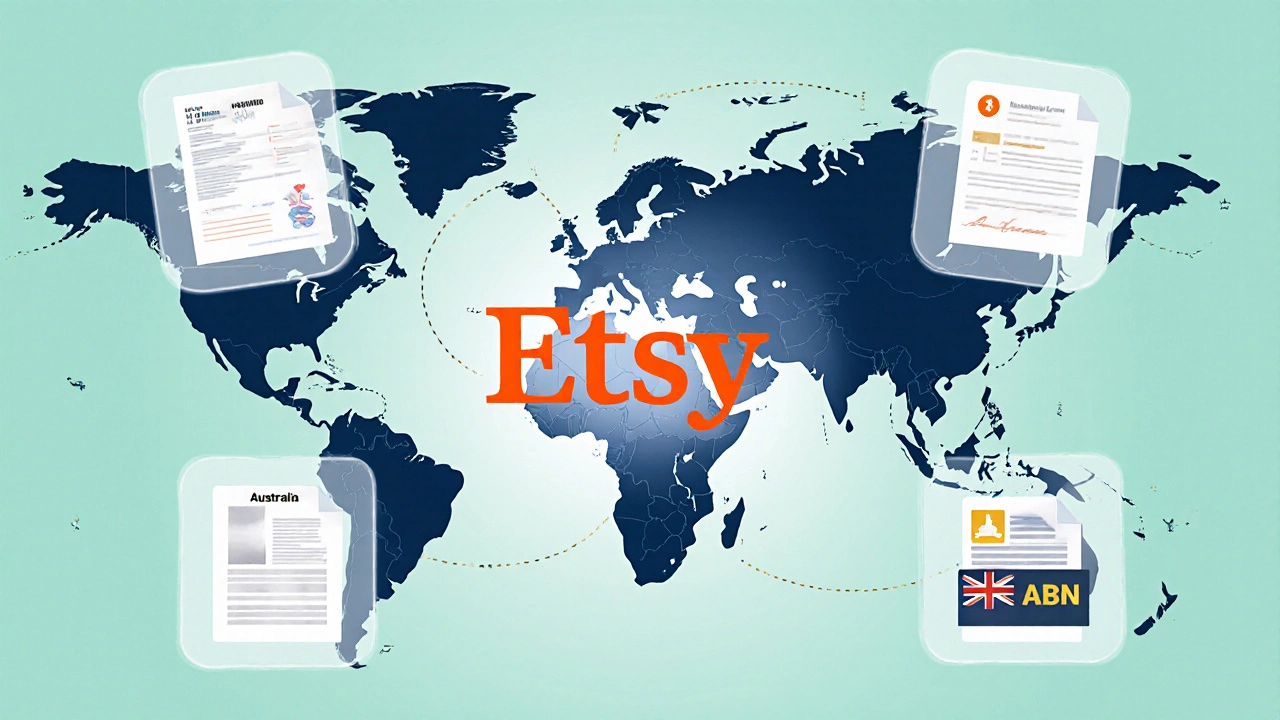 World map showing stylized tax ID documents from US, Canada, UK, Australia around Etsy logo.