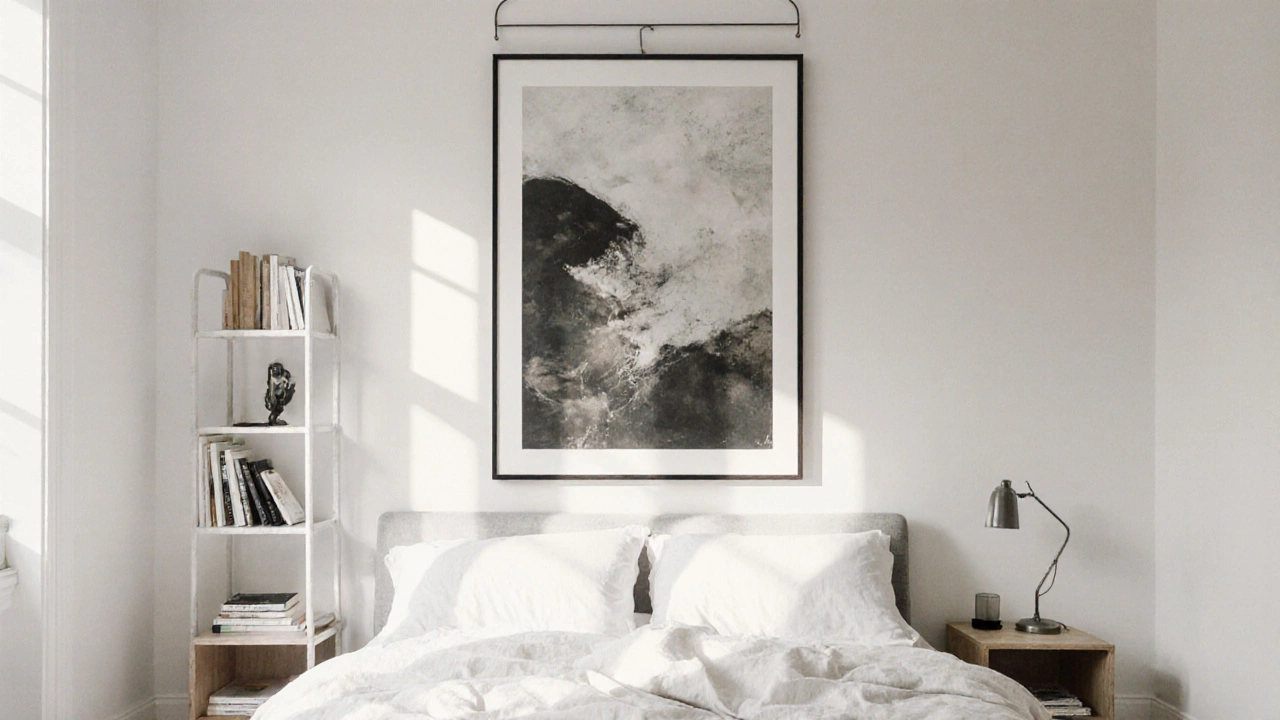 A 20x24 inch art print above a bed in a modern bedroom with a metal hanger.