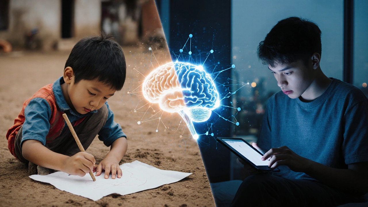 A child drawing in dirt and a teen using a tablet, with glowing brain pathways connecting them.