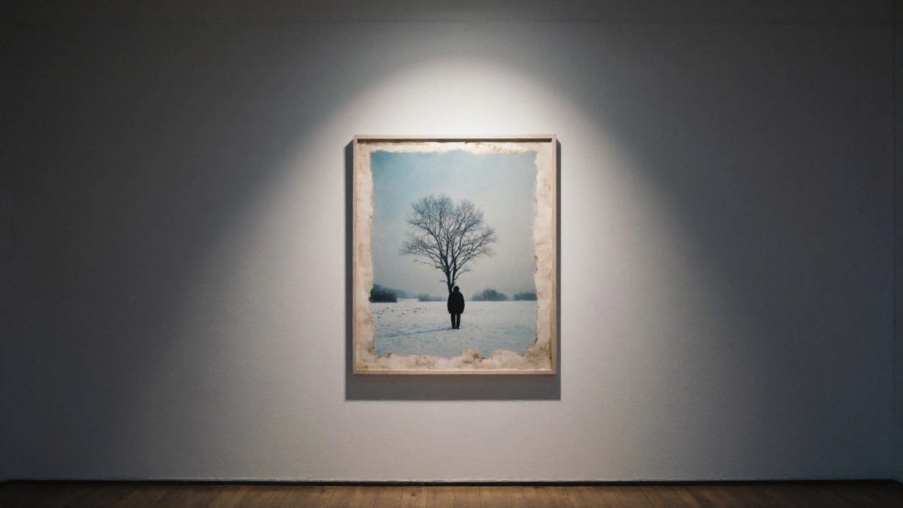 A lone figure in a snowy landscape under a bare tree, captured in soft faded tones.