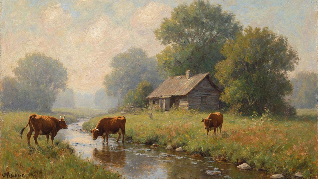 A peaceful rural middle ground with a cottage, trees, and stream in soft focus.