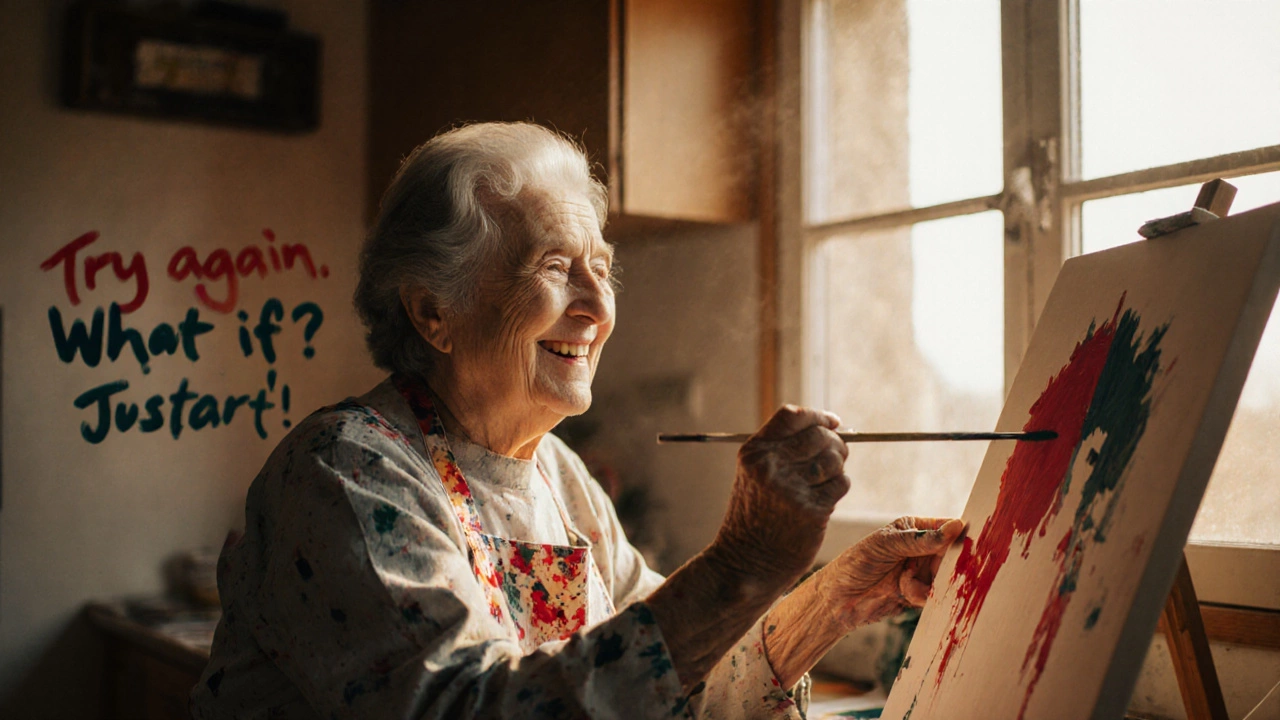 An elderly woman painting joyfully in her kitchen, walls covered in her evolving artwork.