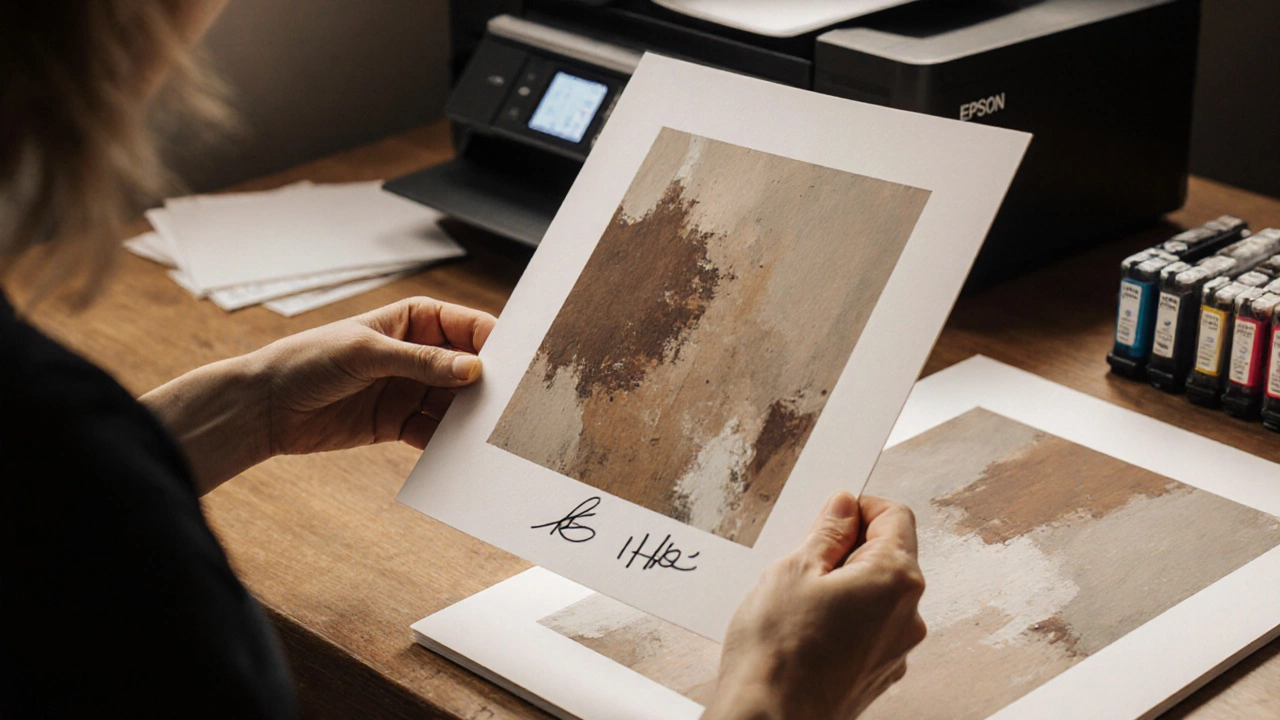Artist comparing a signed limited edition print to the original artwork on a wooden table.
