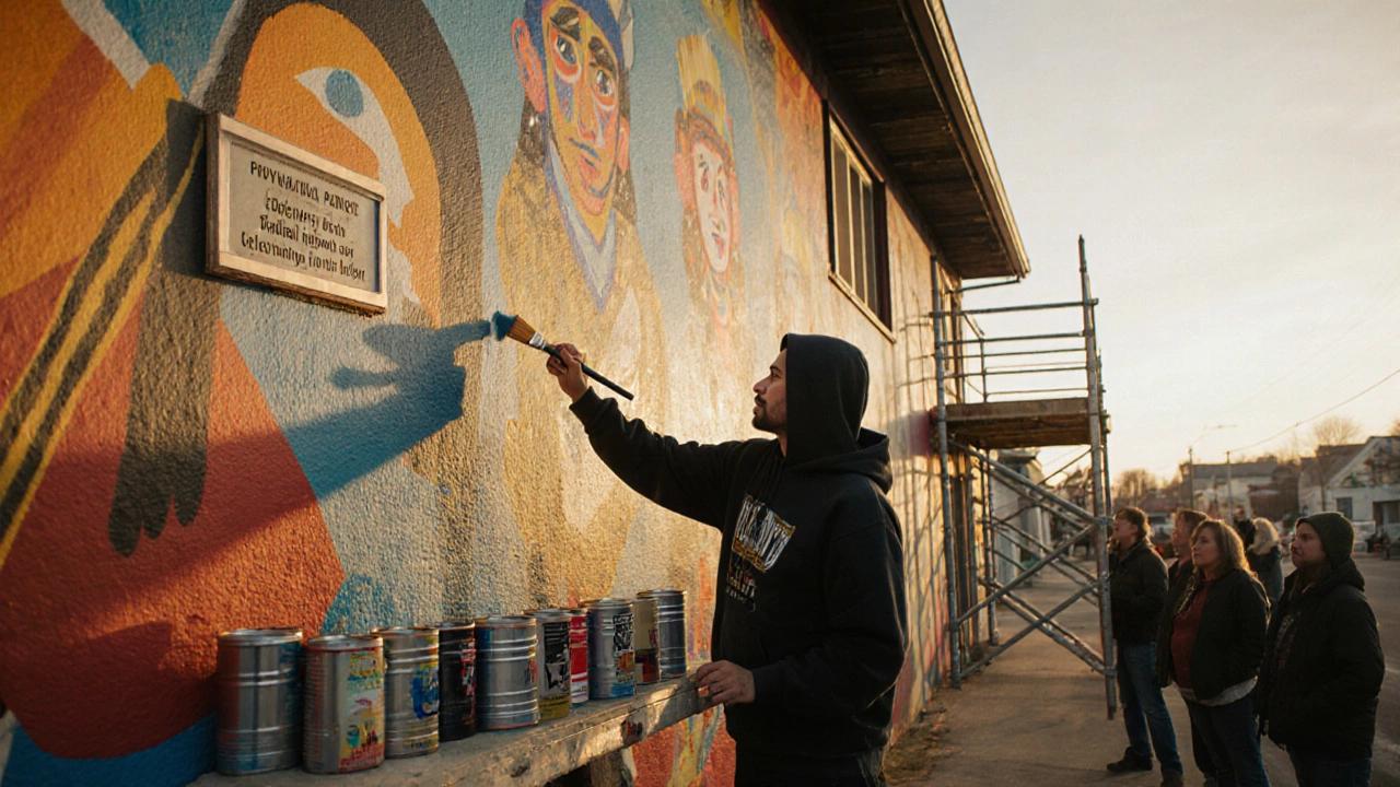 Artist painting a large Indigenous history mural on a small-town building with community members watching.