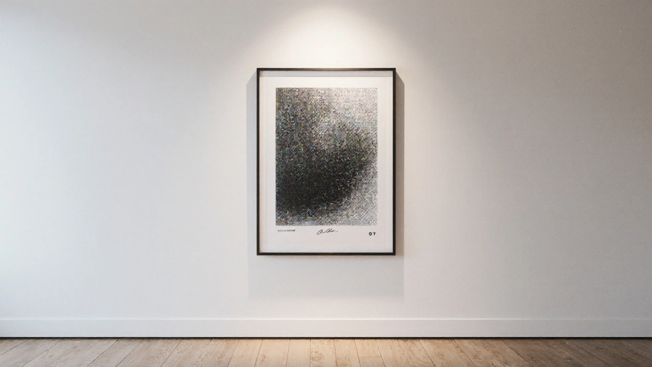 Framed art print on a gallery wall with subtle digital pixels fading into the image.