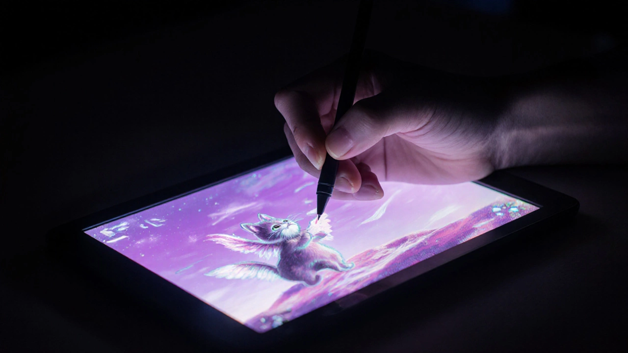Hand drawing a fantastical cat with wings under a purple sky on a glowing tablet.
